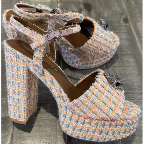 Kurt Geiger 8.5 (39) Platform Kensington London Tweed Fabric Eagle Block heel - Picture 4 of 16